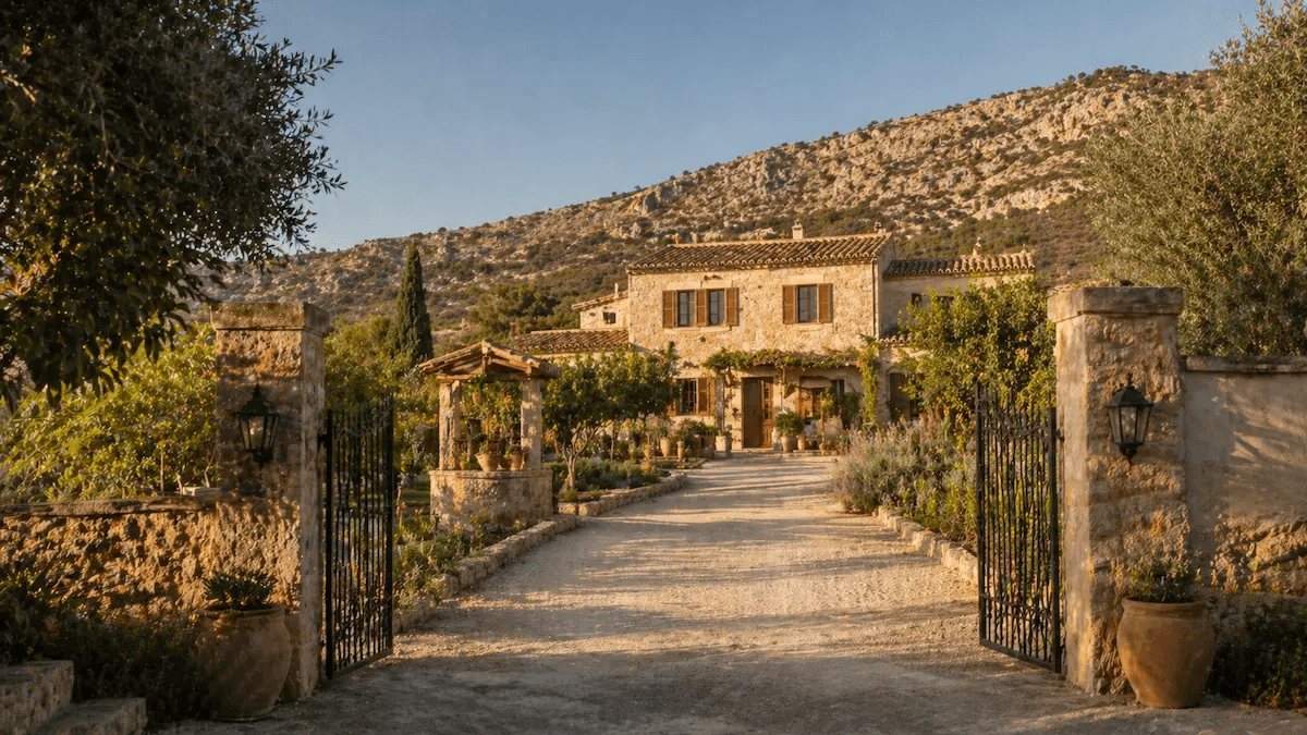 Traditional stone finca with iron gates in a rural hillside setting on the Costa Blanca