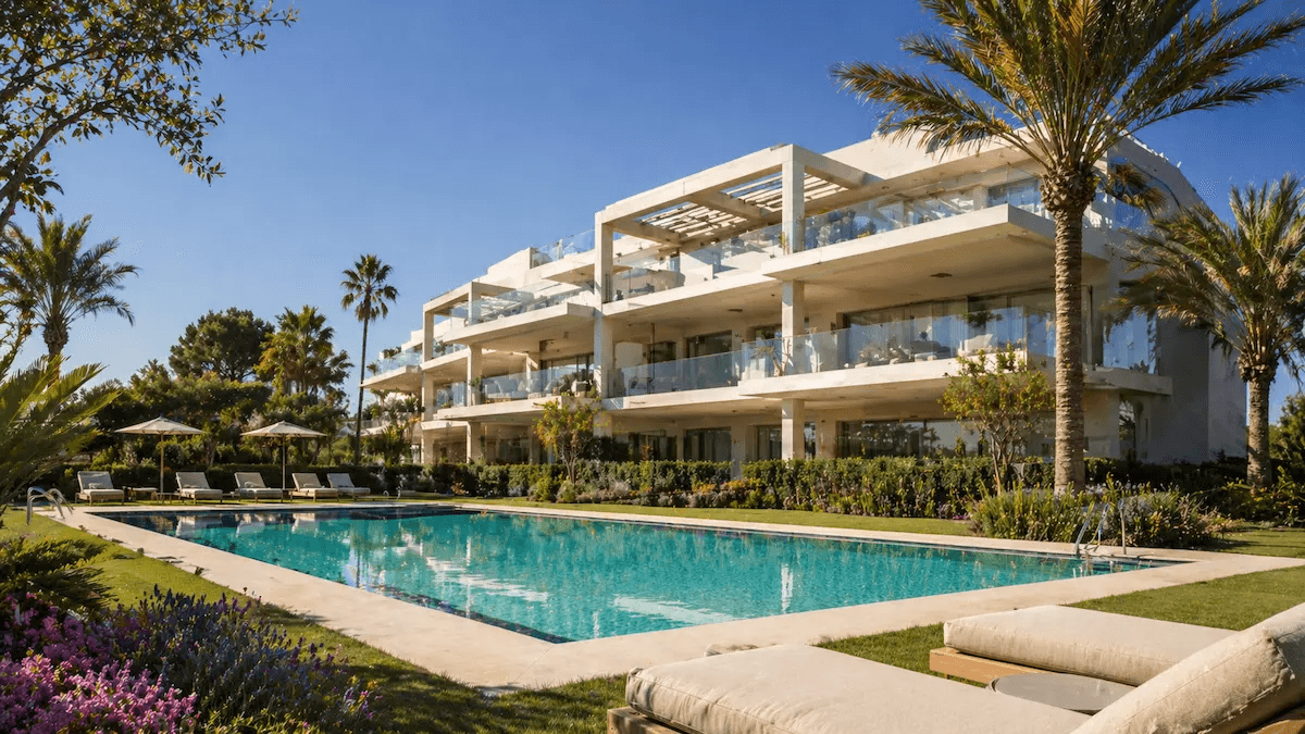 Modern apartment building with communal pool and gardens on the Costa Blanca