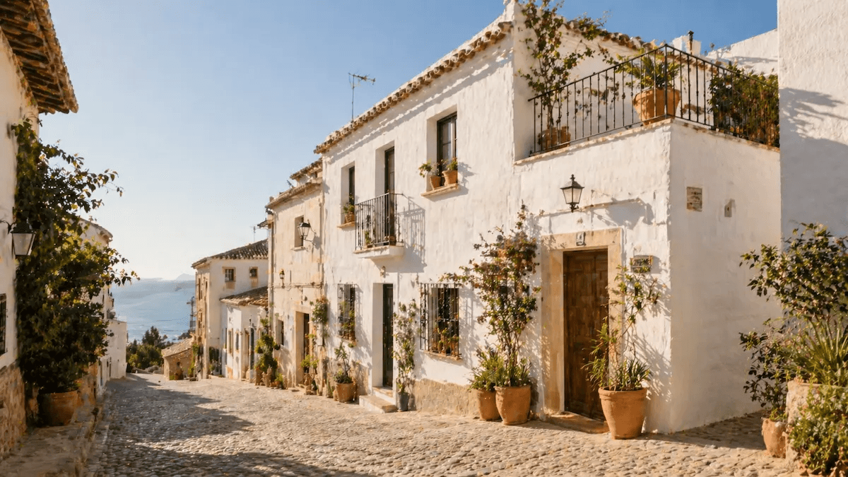 White Mediterranean townhouses on a cobbled street with terracotta pots on the Costa Blanca