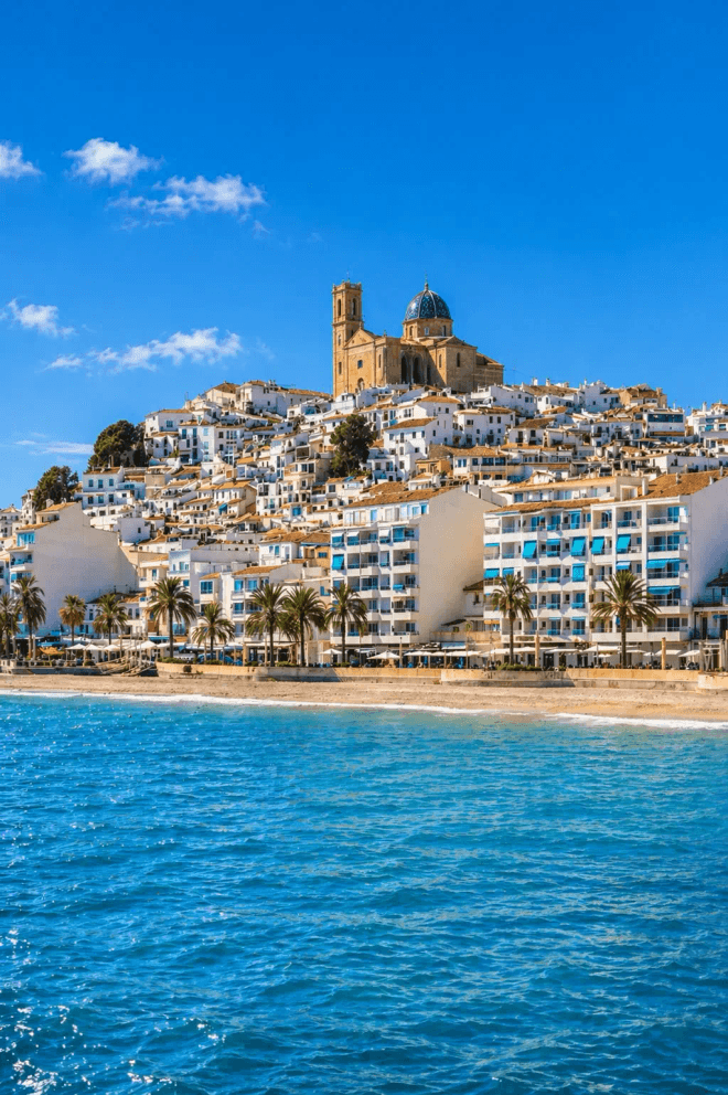 Altea old town with the blue-domed church and white houses seen from the Mediterranean sea on the Costa Blanca