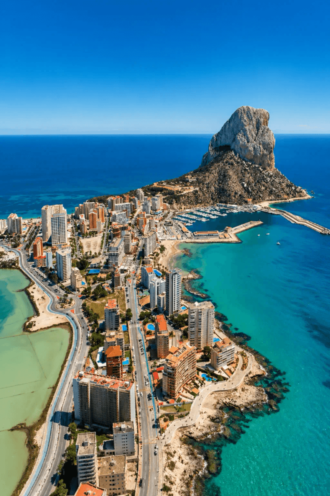 Aerial view of Calpe with the Peñón de Ifach, marina and coastline on the Costa Blanca